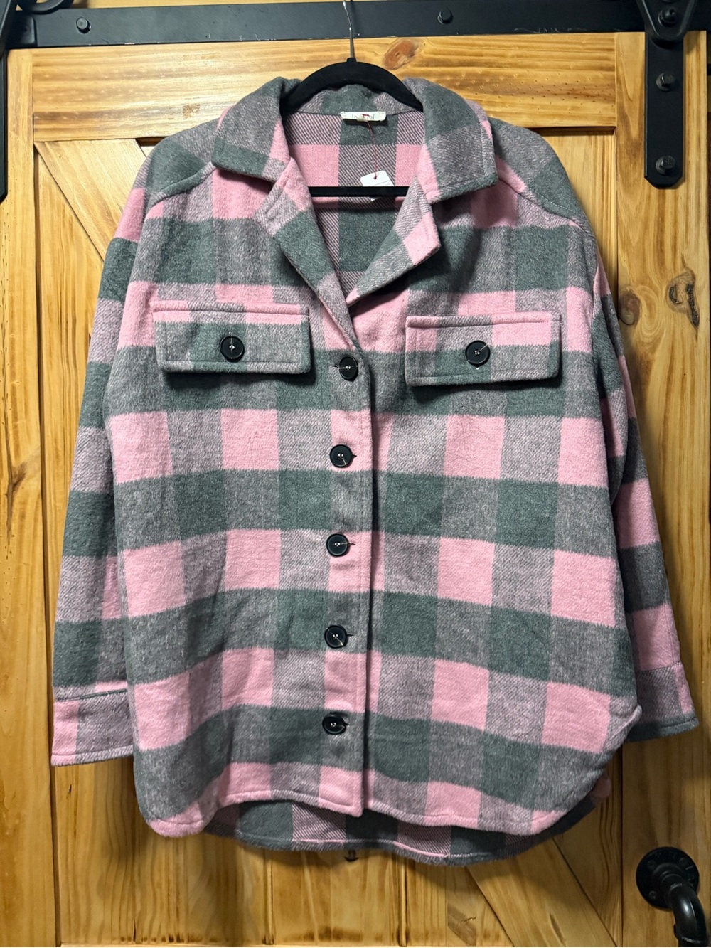 LA MIEL Pink and Gray Plaid Button-Up Shacket